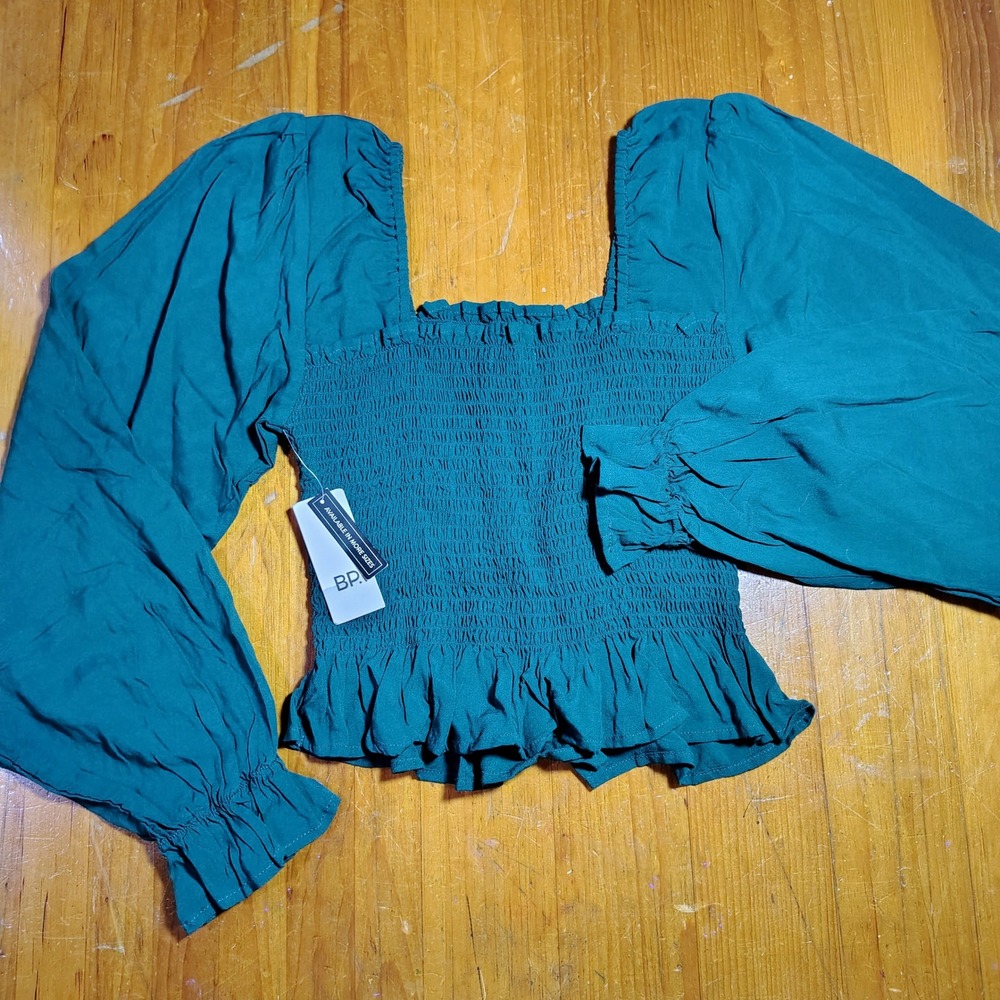 BP Nordstrom Smocked Square Neck Puff Sleeve Peplum Top Green Evergreen Size‎ S